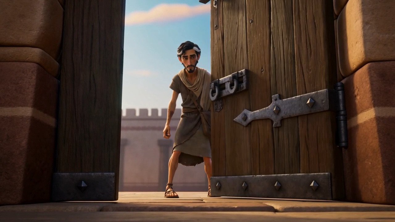 A man steps out through the door and closes it