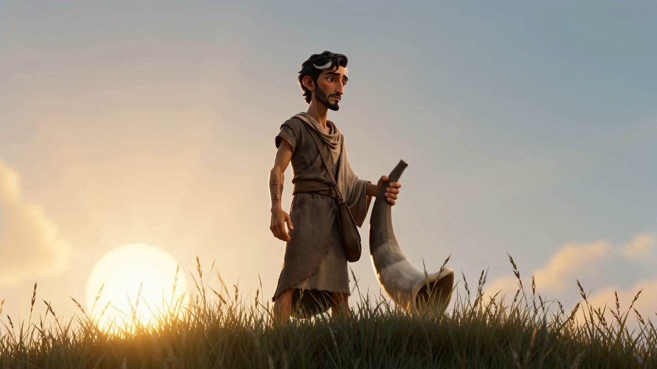 A man on a hilltop at sunrise with a horn
