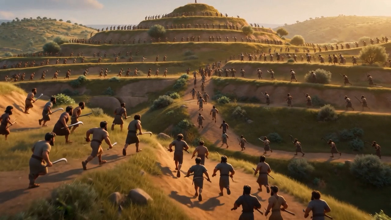 People run out of the terraces toward him