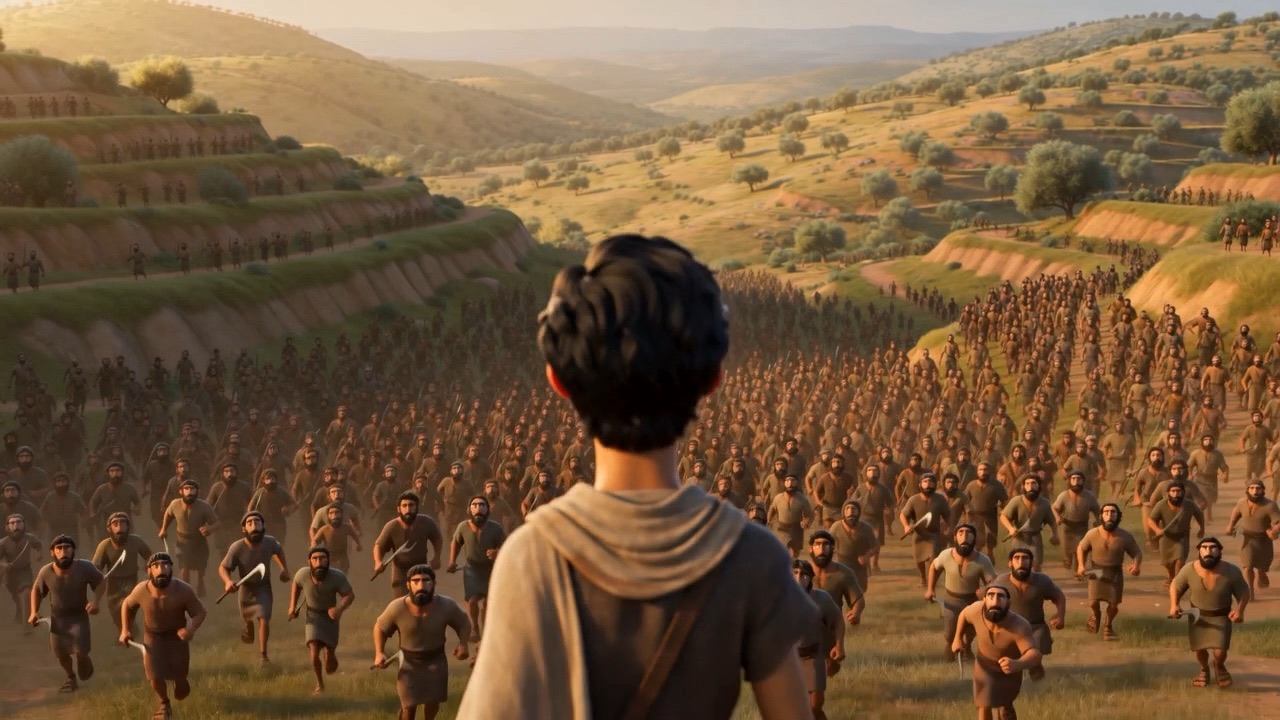 A crowd streaming up the valley behind him