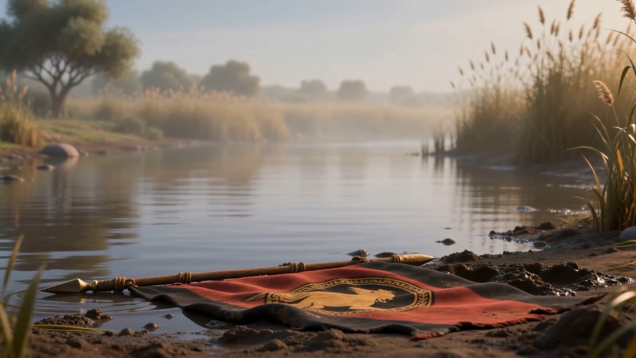 The flag lying in the shallows, and quiet