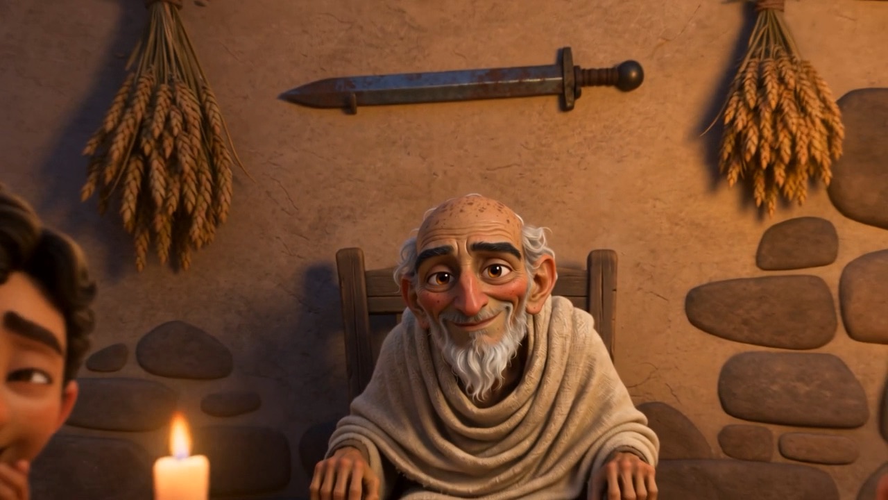 An old sword hanging on the wall behind him