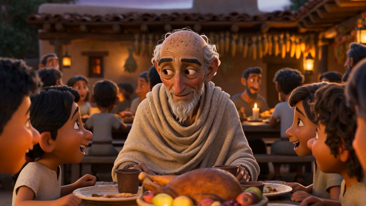 A whole village eating together outside at dusk