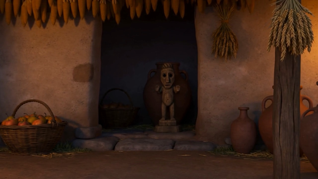 Behind them, in a doorway, something carved is standing