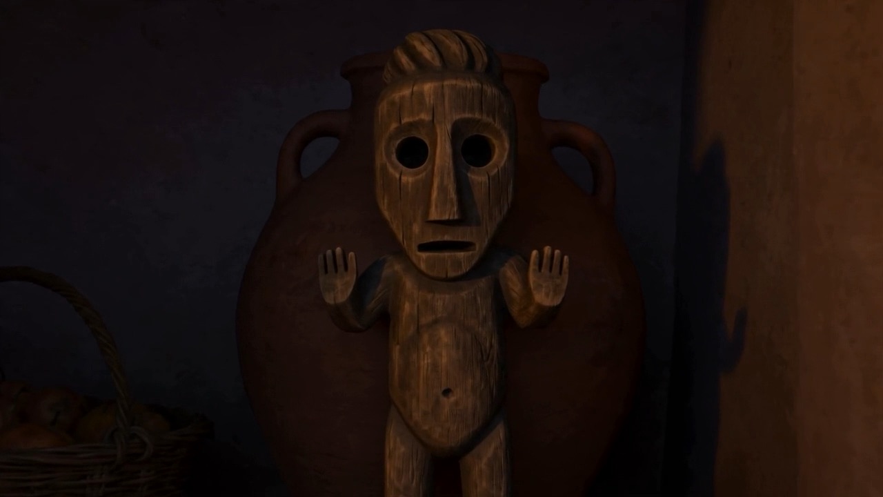 A wooden figure in the shadows, watching the party