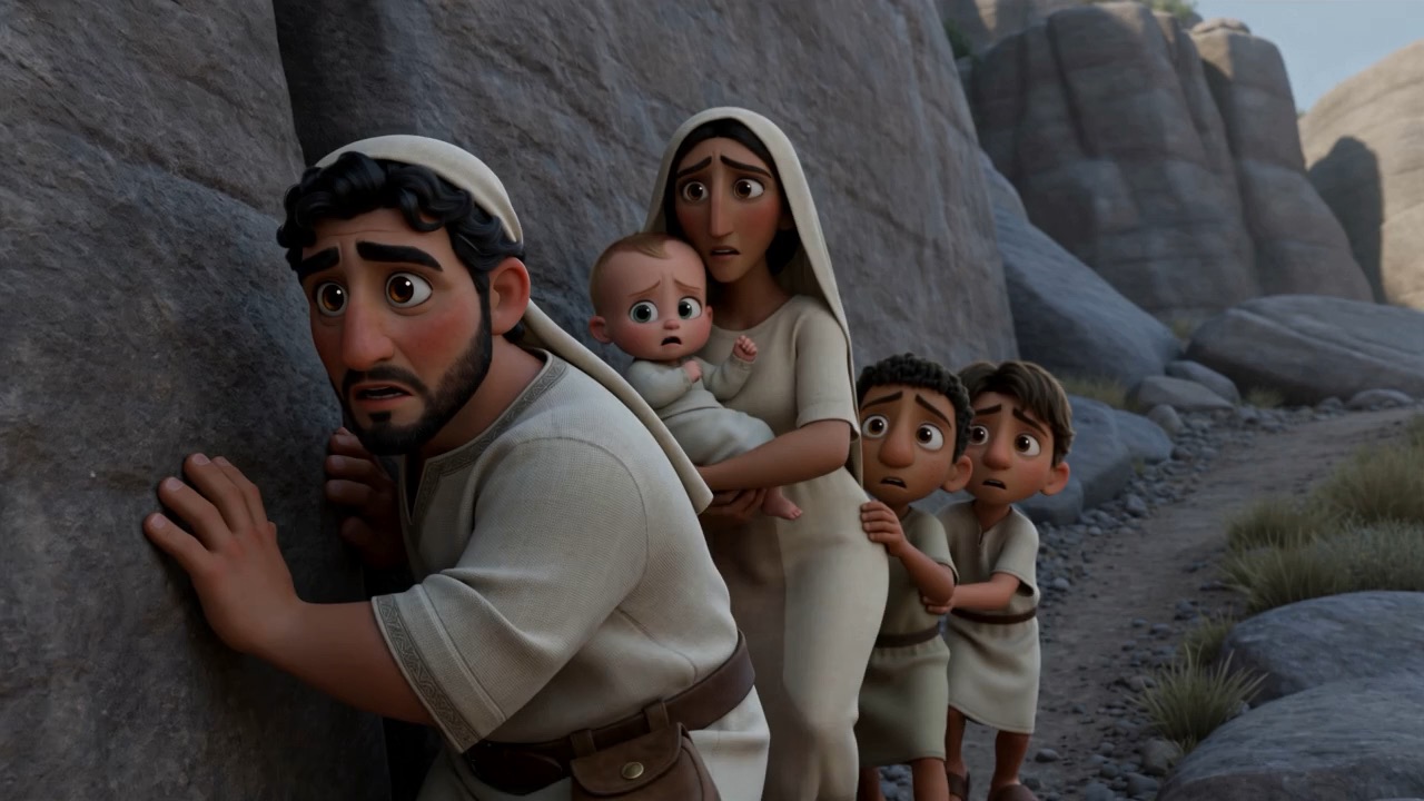 A family flattens itself against the rock face as they pass