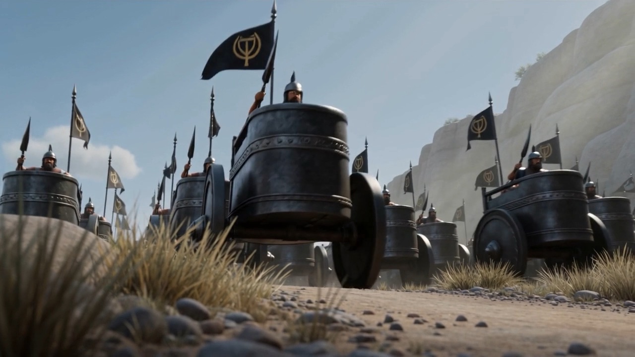 Armoured chariots roll along a track below a ridge