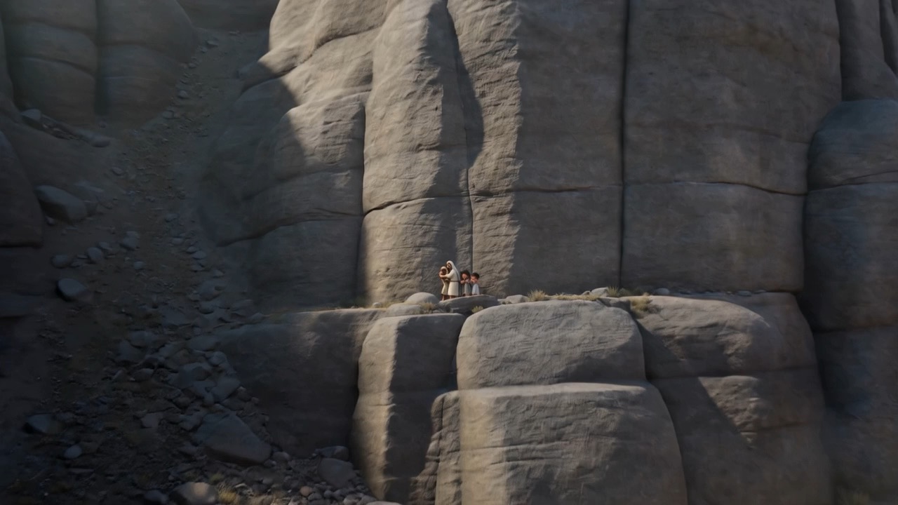Two tiny figures on a ledge, watching it go by