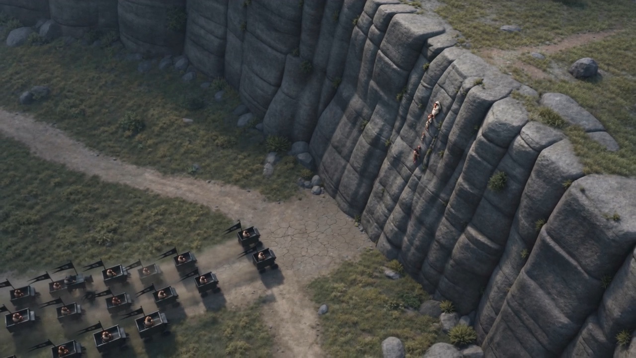 Seen from above — the road black with them