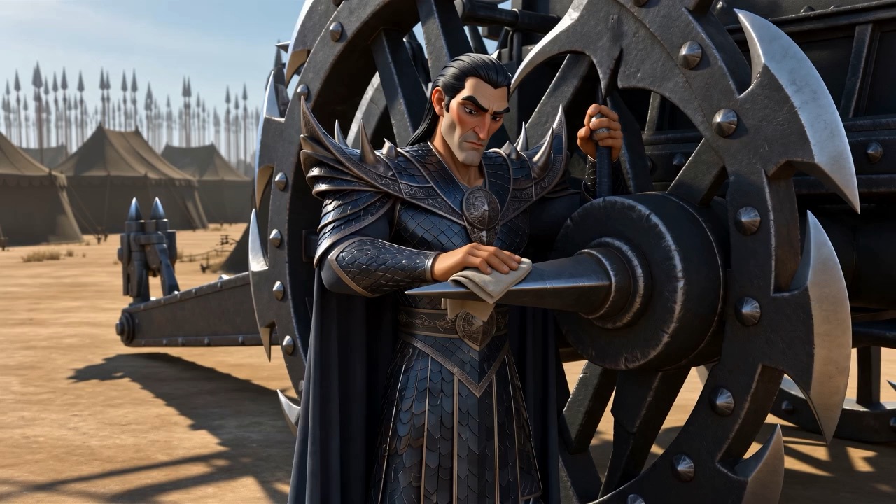 A tall man in scale armour polishing a chariot wheel