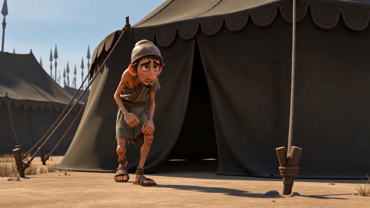 An Israelite servant creeps past behind him