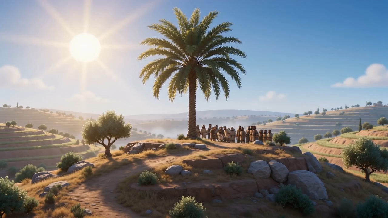 A single palm on a hilltop with a queue of people below