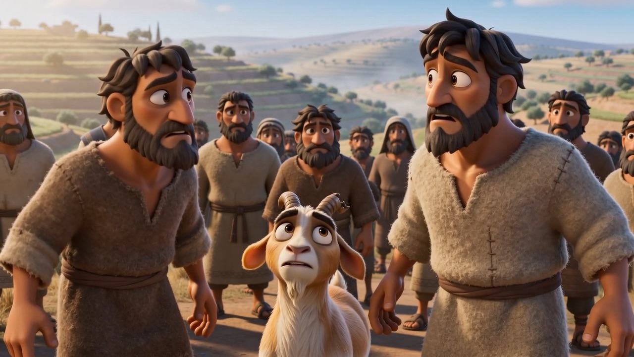 Two men arguing in front of her — with a goat