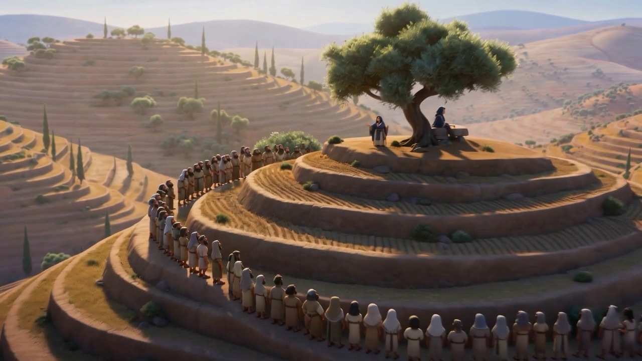 The line of people winding up the terraces to her