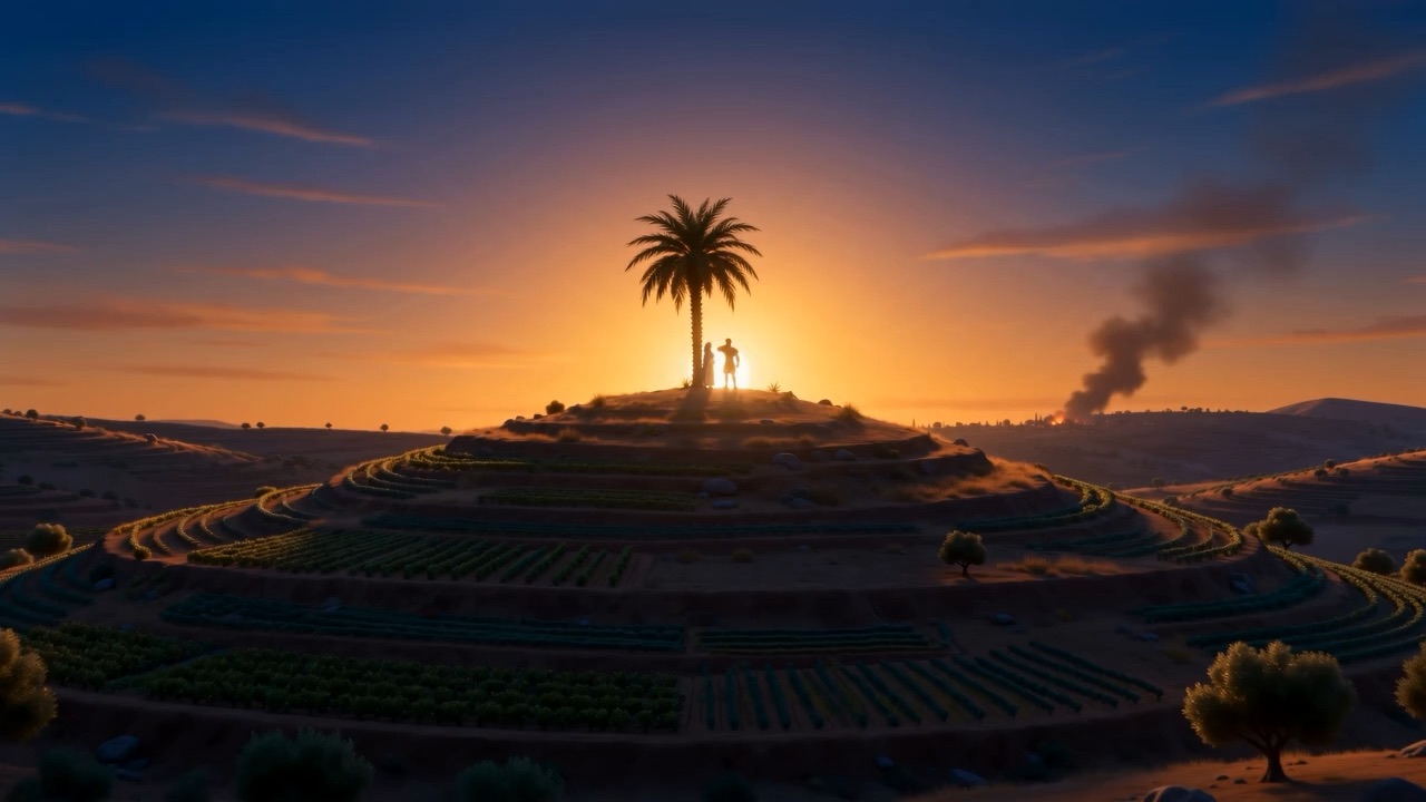 The palm on its hill, the valley smoking beyond