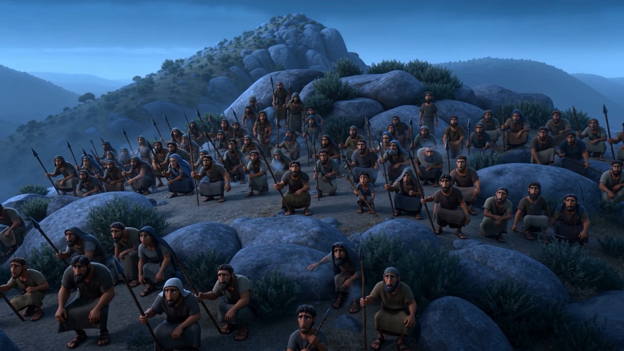 Men gathering among the boulders at dusk