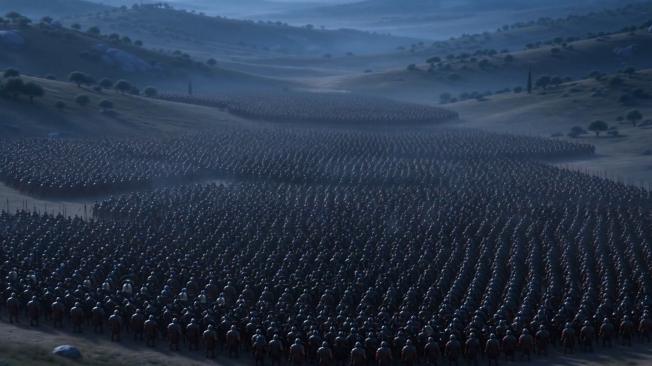 Below them, the plain filling with the enemy