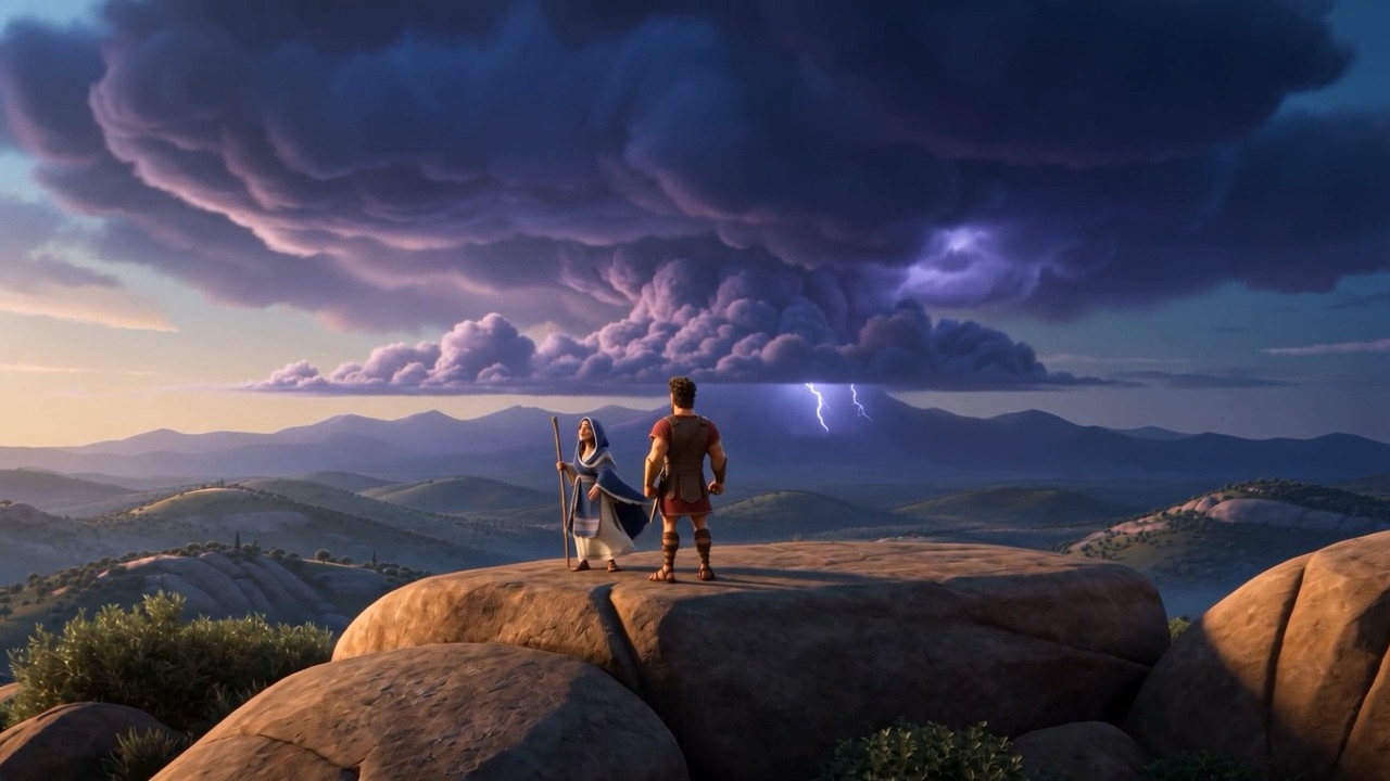 Deborah and Barak on the rock, the storm behind them