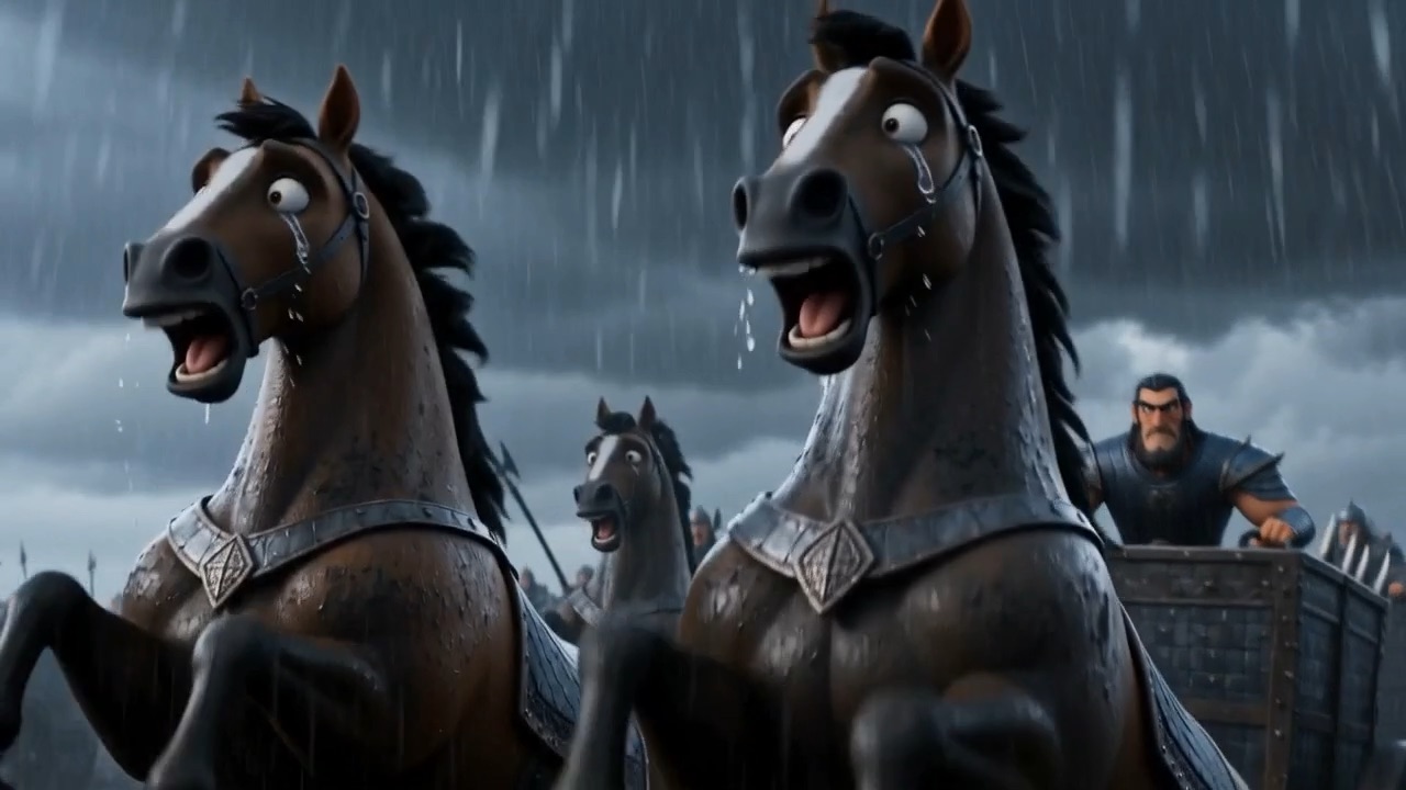 Rain in sheets across the horses