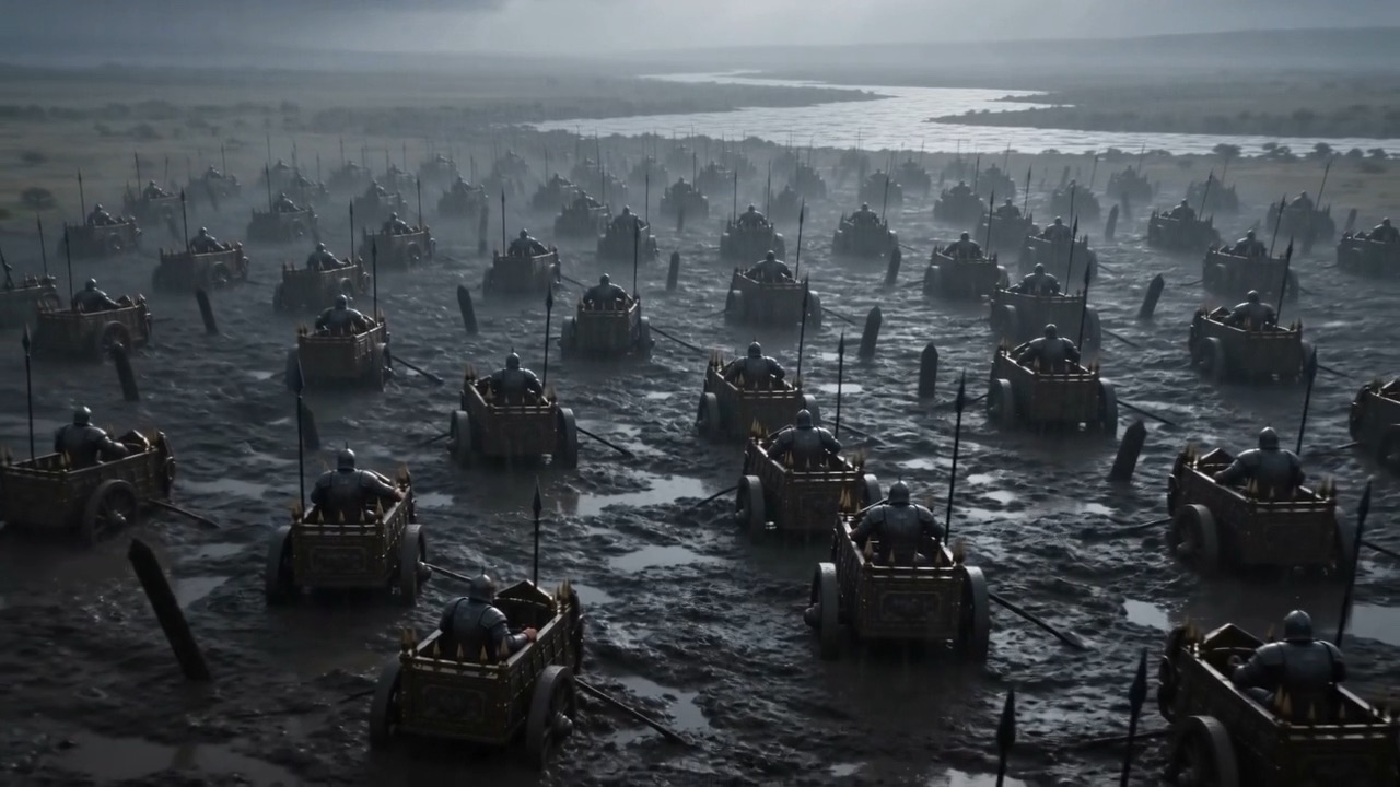 Hundreds of chariots stopped where they stand