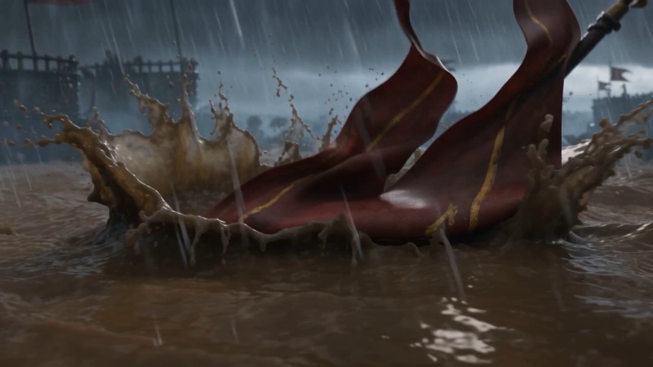 A banner goes down into the water