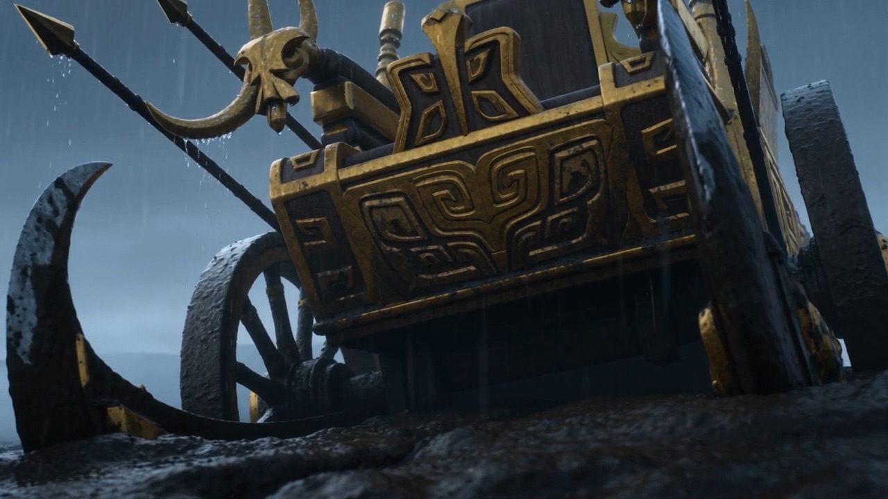The gilded chariot, abandoned and tilting