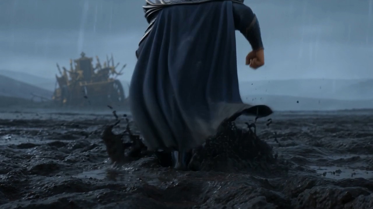 A cloaked figure running across an empty field