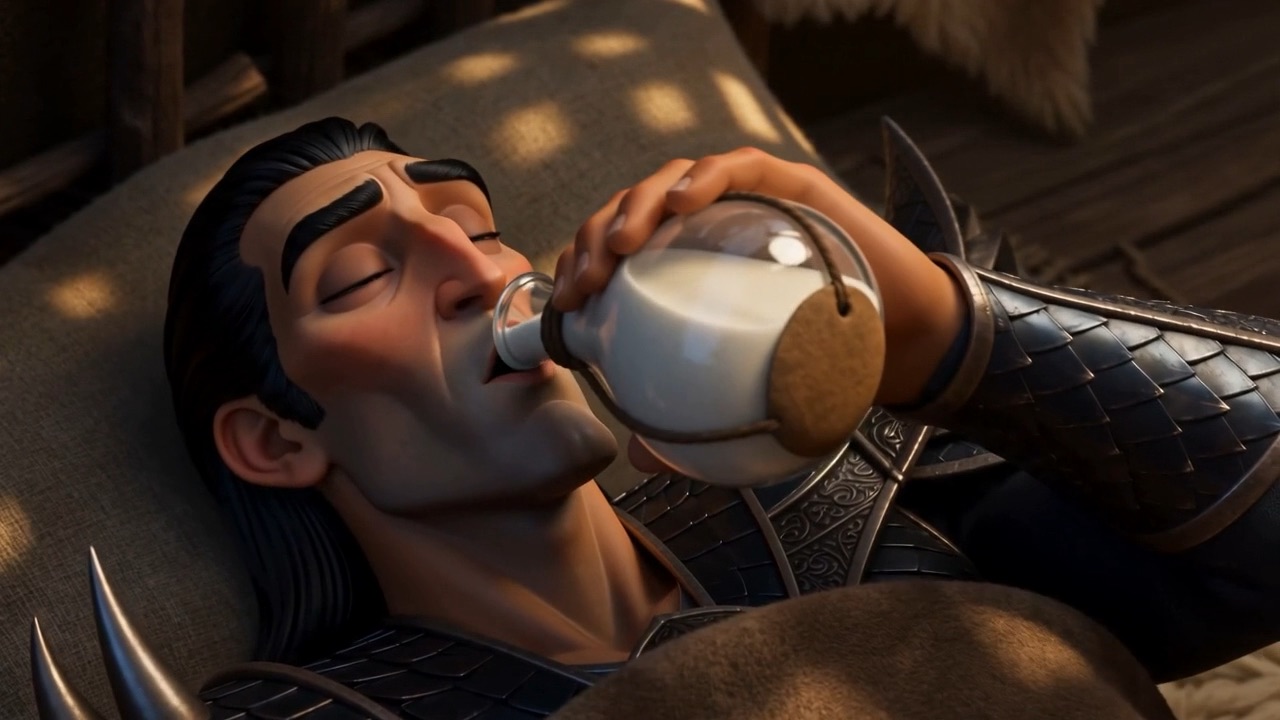 He drinks from a skin of milk