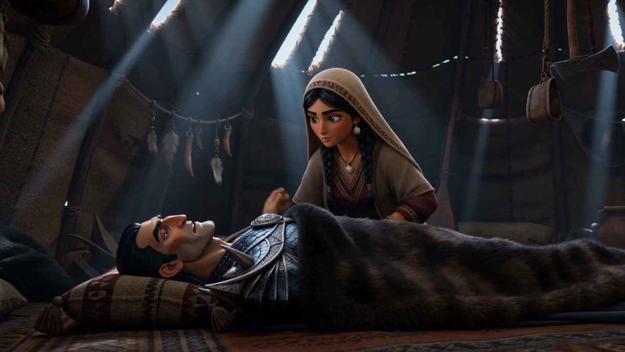 She covers him with a rug