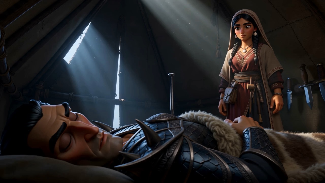 She stands over the sleeping man