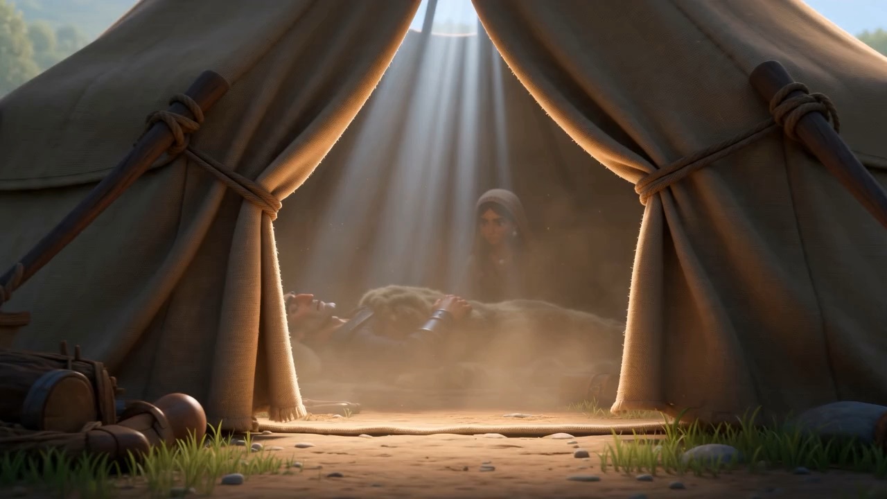 The inside of the tent, still and lit in bars
