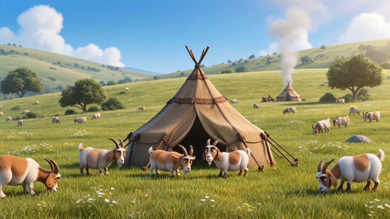 The pasture outside, quiet, goats grazing