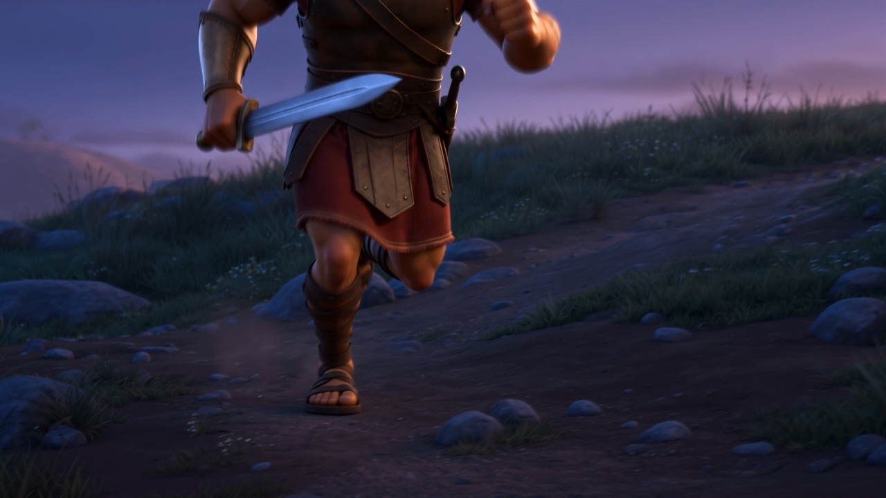 Barak running along a hillside track with a sword
