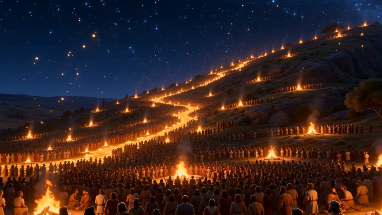 Torchlit crowds covering the hillsides at night