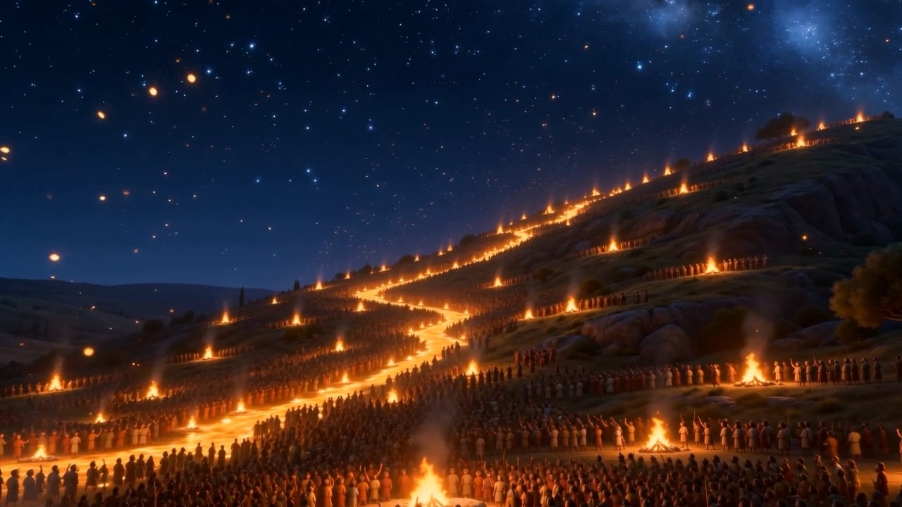Lines of light running over the dark hills