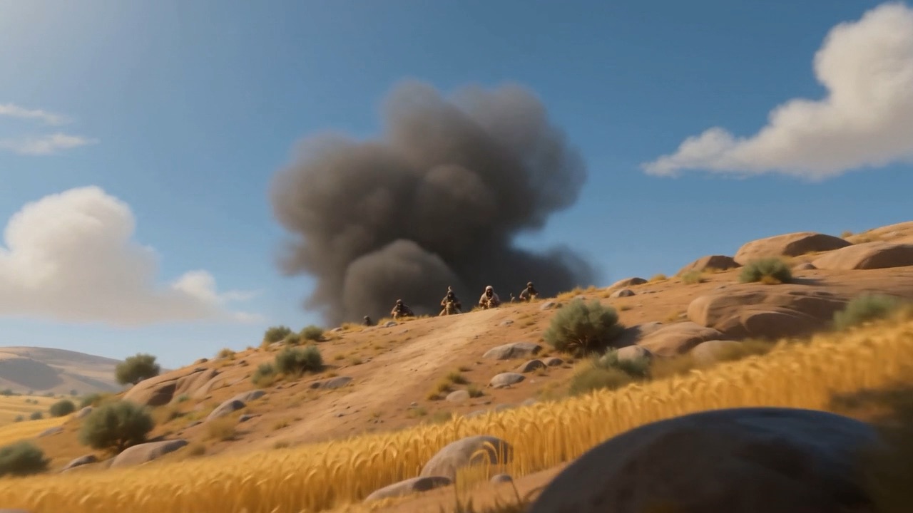Smoke rising over a hill above the standing wheat
