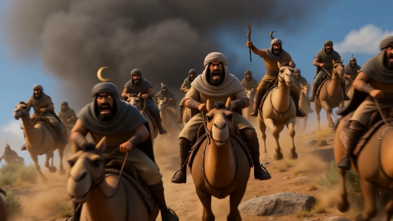 Raiders on camels come over the ridge at speed