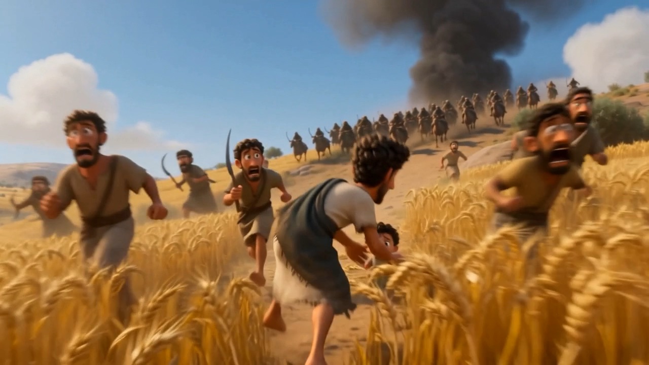 Men drop their sickles and run through the wheat