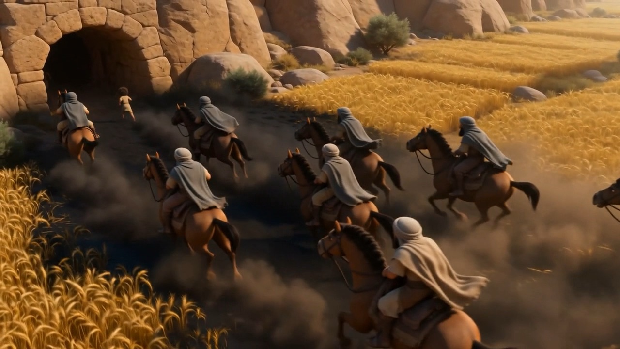The riders sweep past, dust hanging behind them