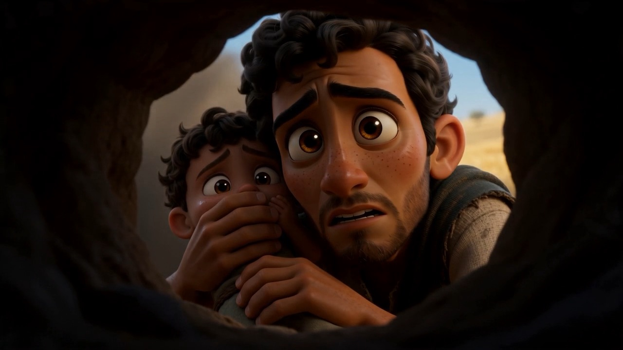 A man and a small boy hidden in the mouth of a cave