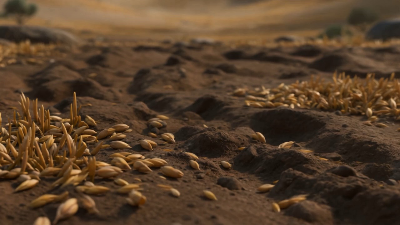 Spilled grain trodden into the dirt