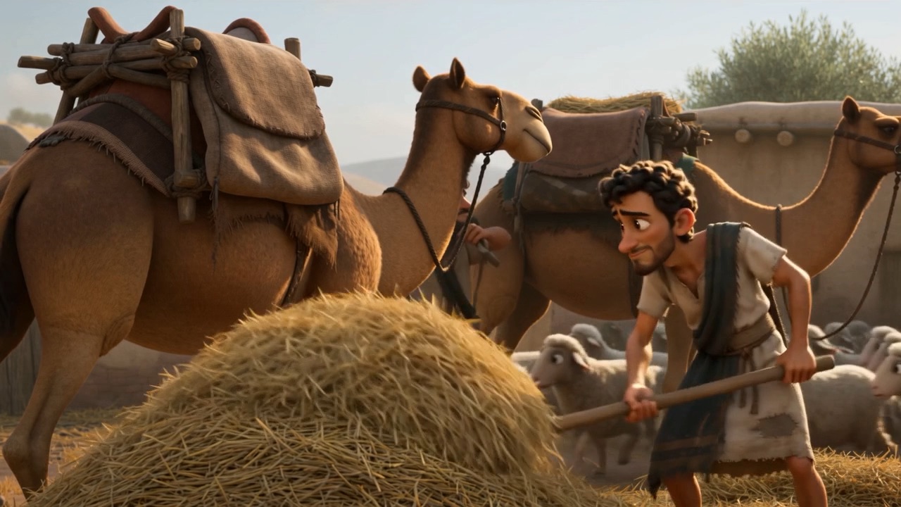 Raiders load sacks of grain onto camels