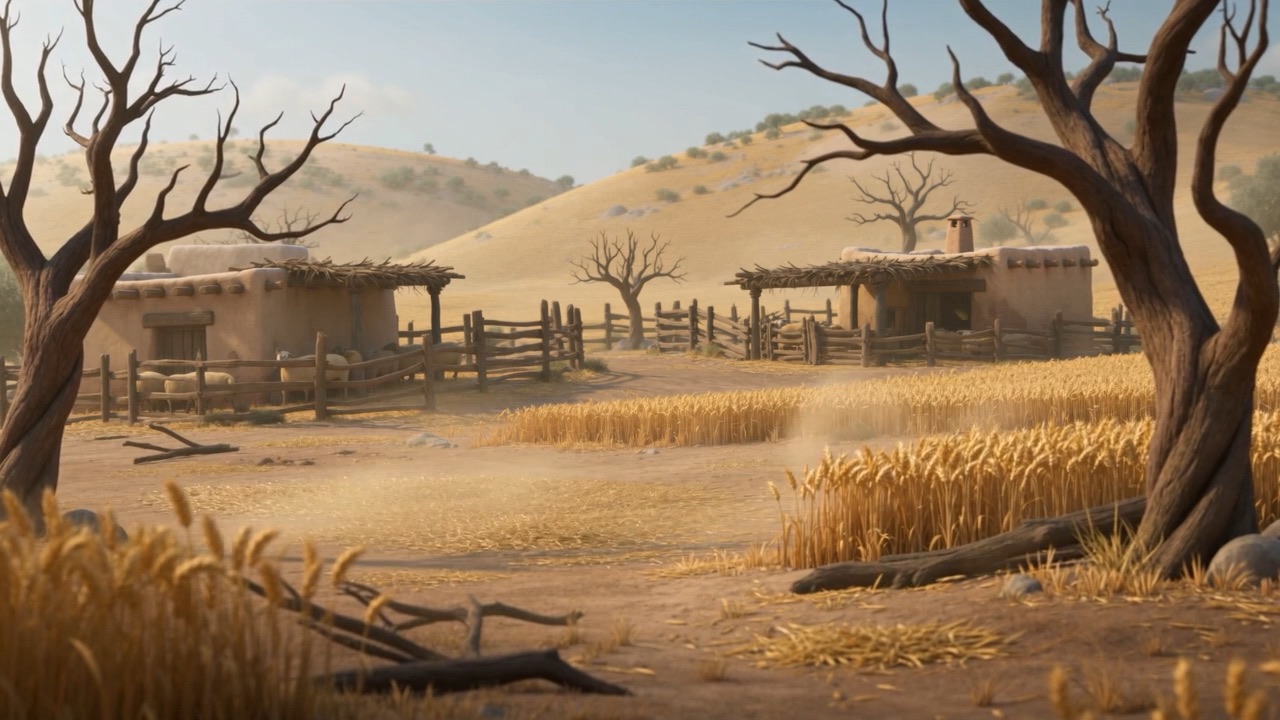 An abandoned farmyard, fences broken