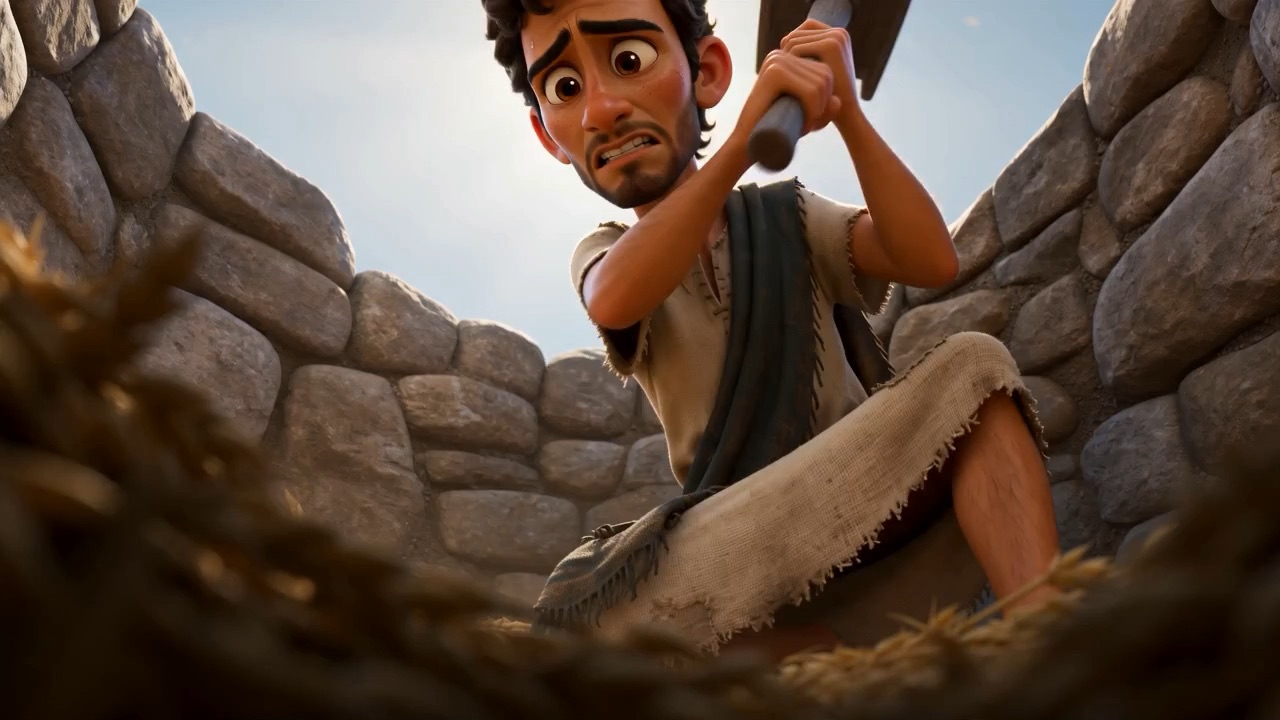 A young man peers over the rim of a stone pit