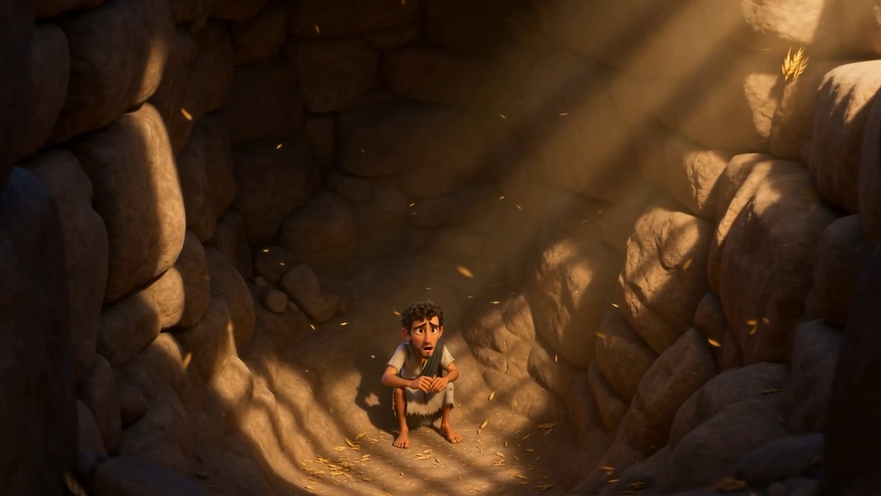 Gideon small at the bottom of the pit, light falling in