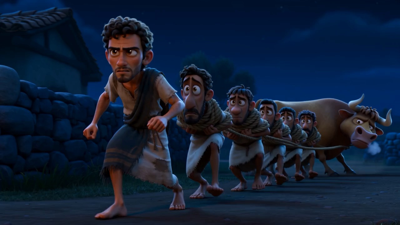 Men slip out of a doorway into the dark, leading an ox