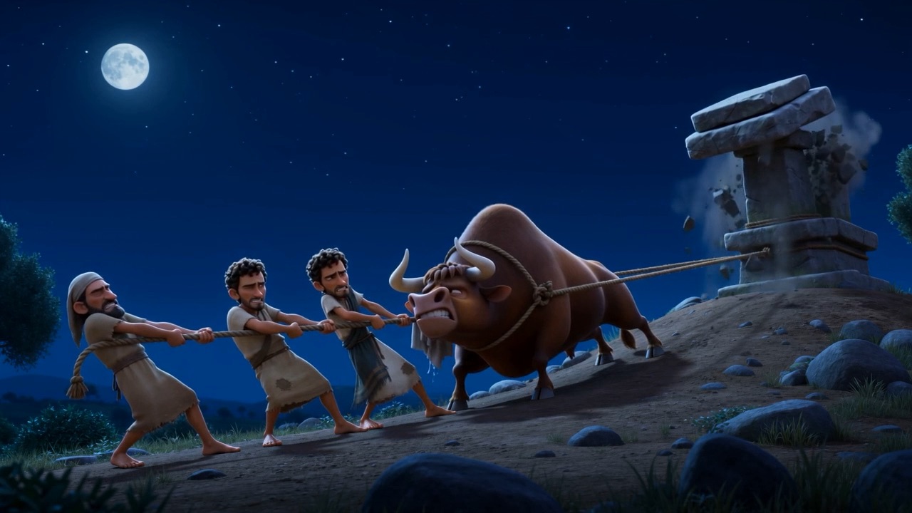 The team drags at the stones under moonlight
