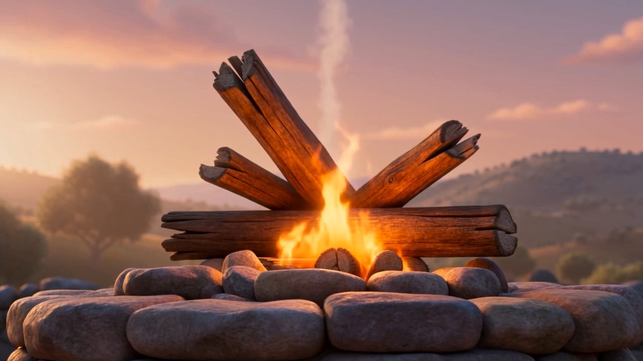 A new fire burning on a rough stone altar at dawn