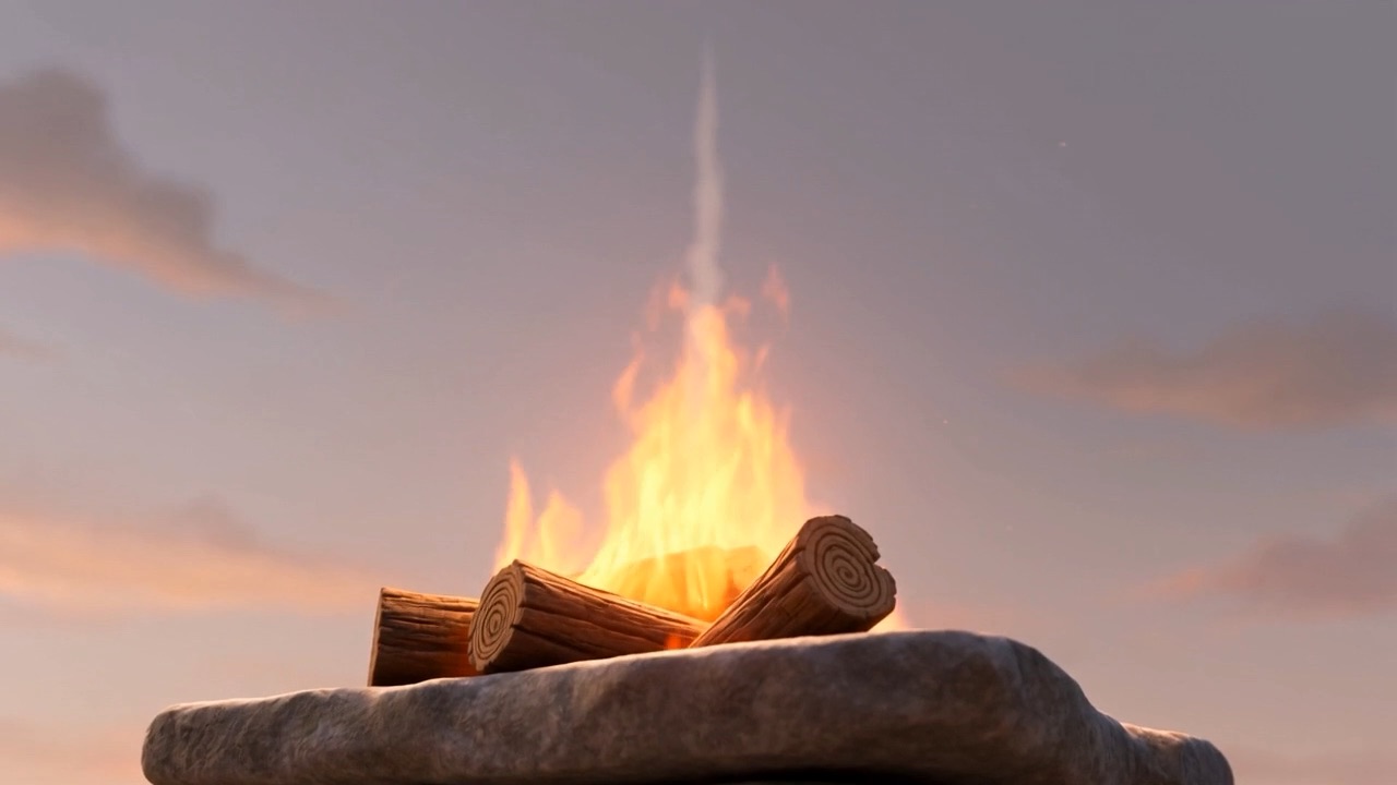 The fire seen closer, quiet and steady