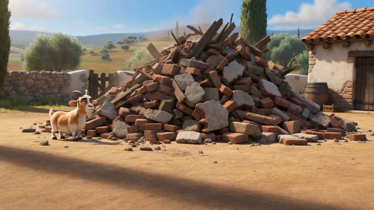 The rubble of the altar, a goat wandering across it